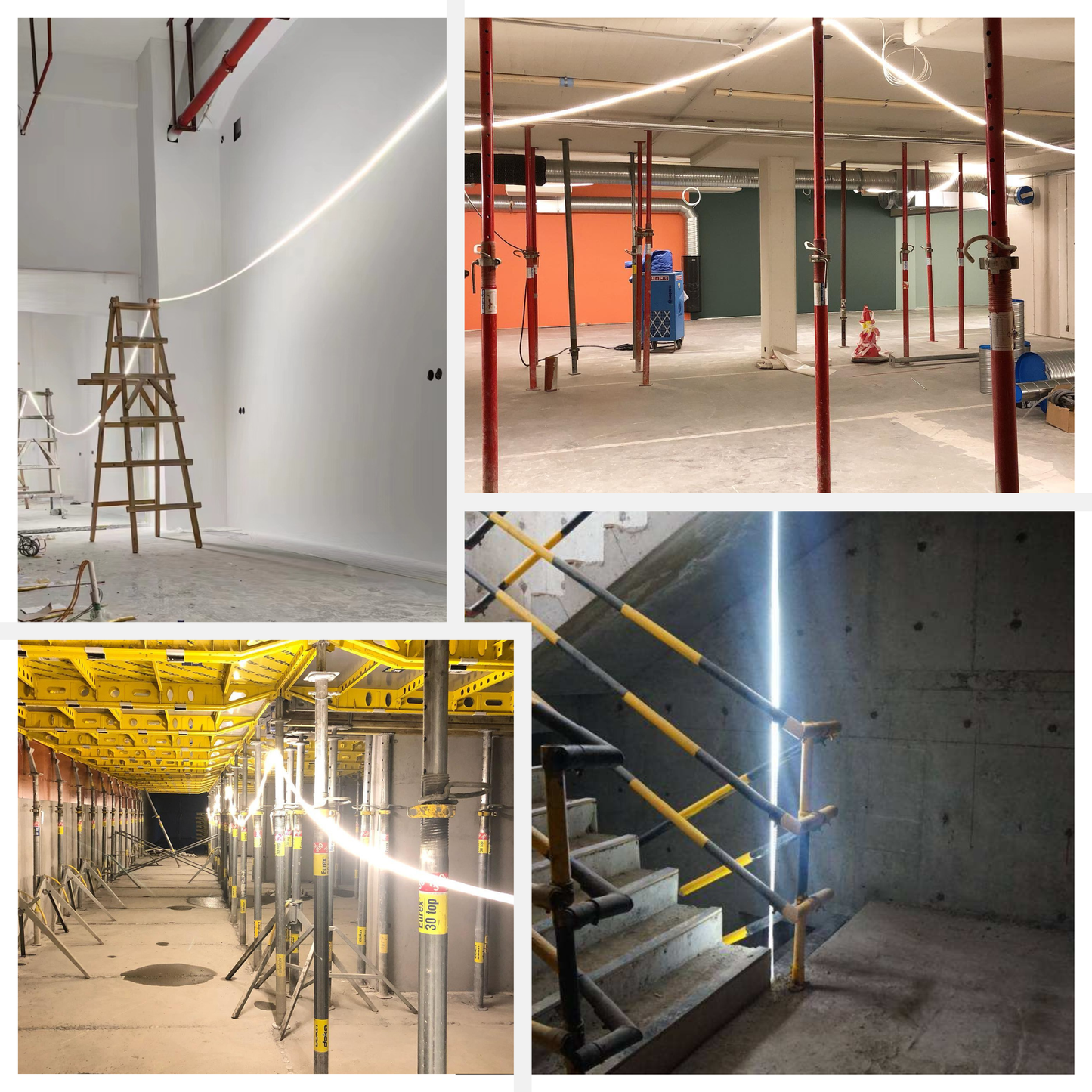 Collage of various construction or renovation sites with different lighting conditions.